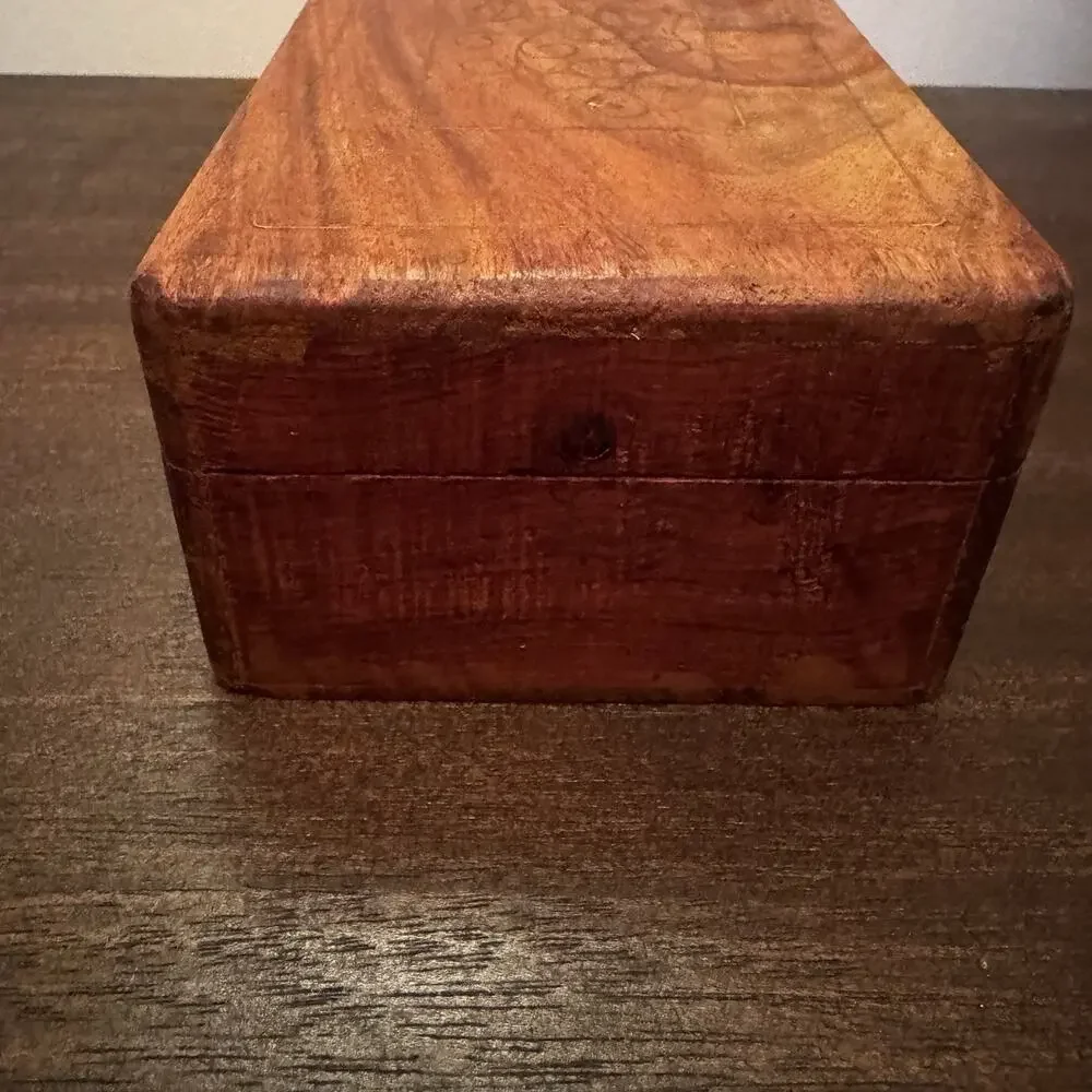 Wooden Box Hand Carved Brass‎ Inlaid Floral Hinged India Vtg Trinket Pen Artisan